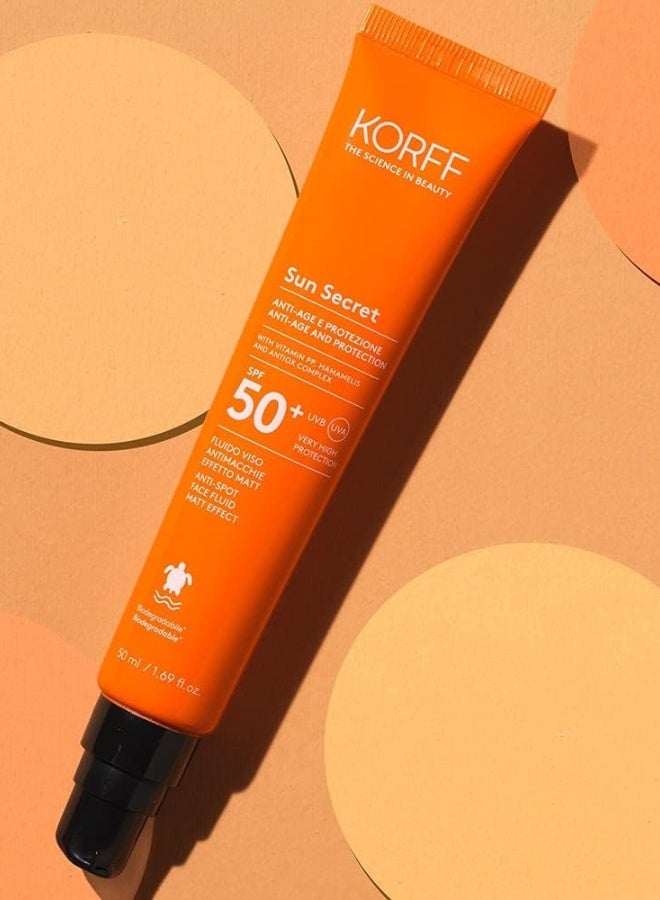 Korff Sun Secret Anti Age Protection Anti Spot Face Fluid SPF 50 Plus 100ml Broad Spectrum UVA UVB Sunscreen Lightweight Daily Facial Care Helps Protect Skin Smooth Tone Hydrate, Reduce Signs of Aging - Image 1